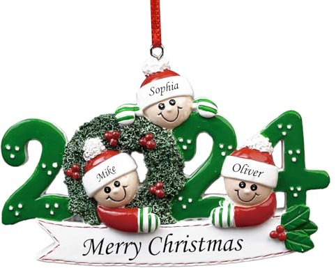 witfox 2024 Personalised Christmas Ornaments - Customised Ornaments for Family of 2-6, with Name, Snowman Wreath