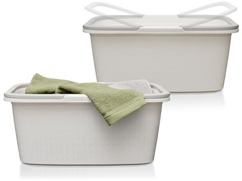 Hausfelder Wäschewanne mit Henkel 2er Set, Wäschekorb 58x37x25cm, 35L Kunststoff mit Griffen, Stapelbar, Weiß