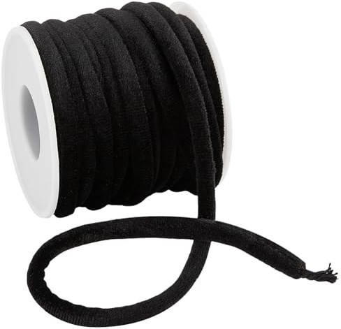 BENECREAT 10 Yards Velvet Cord for Crafts, 6mm Black Round Tubing Fabric Cord with A Spool, Piping Trim Velvet Cord Trim for Sewing, Pillow Curtains Cloth Trimming Accessories