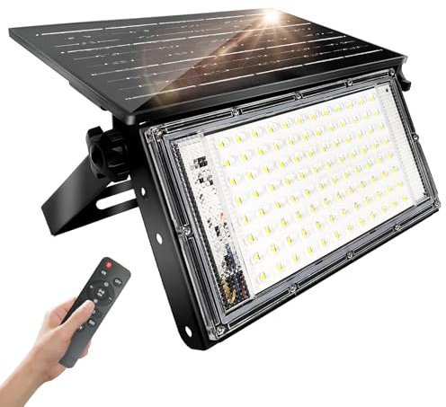 CREATESTAR Lampe Solaire Exterieur 100W, LED Projecteurs Solaires IP65 Étanche avec Télécommande Dimmable, Lampe de Sécurité Solaire pour Porche, Patio, Cour, Garage