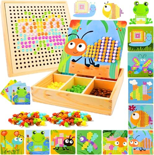 Giaonlgy Mosaik Steckspiel für Kinder ab 3 4 5 6 7 Kinder, Holz Farbe Pegboard Gabelungen,Steckmosaik mit 240 Steckperlen und 10 Bunten Steckplätte, Geschenke für Jungen & Mädchen (Garten)