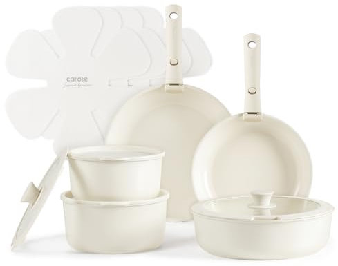 CAROTE Keramik Topfset Pfannenset mit abnehmbaren Griffen,15-Teilig Kochen Set Antihaft-Geschicht,Kochen gesund stapelbar Für Induktion,Ofenfest,Spülmaschinen, Weiß