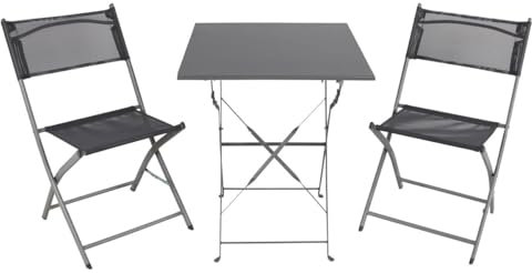 LEX Bistro Set grau 3-teilig für Terrasse und Garten, Sitzgruppe klappbar, Gartenset, Balkonset bestehend aus Tisch und Zwei Stühlen, Klappstühle und Klapptisch