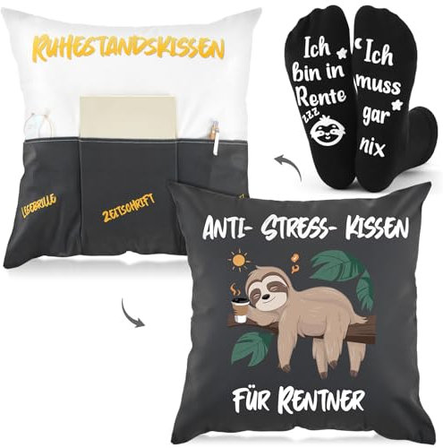 Namalu Geschenkset Rente Unisex Anti-Stress-Kissen für Rentner Zierkissenbezüge 1 Paar Ich Bin in Rente Ich Muss Gar Nix Rente Socken Geschenk Ruhestand für Kollegen (Grau Schwarz,Klassiker)