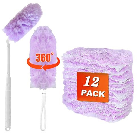 12 PCS Purple Duster Refills, Extendable Microfiber Duster with 1 Extendable Handle + 1 Short Handle Fluffy Dusters Flash Dusters Magnet Refill for Cleaning Furniture Office Blinds