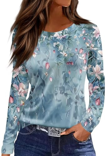 BORTGYUI Langarmshirt Damen Rundhals Basic Tops Langarm Druck Tunika Shirt Elegant Casual Oberteile Vintage