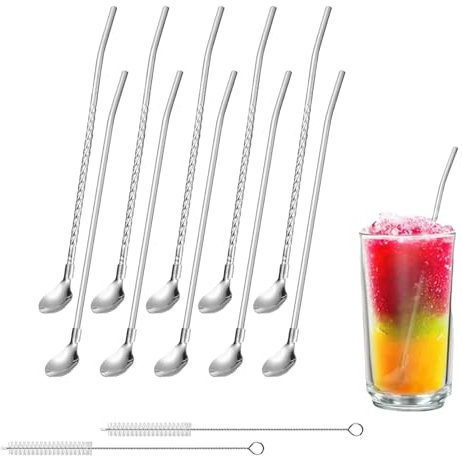 12-Piece Stainless Steel Drinking Straw & Spoon Set, Slushie Straws, Slush Straws, Metal Straws, Stainless Steel, Straw with Spoon, for Smoothies, Milkshakes & Coffee Stirrer (Silver)