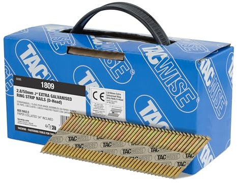 Tacwise 1809 Extra Galvanised Framing Nails 2.8/50 mm, D Head, Ring Shank, 34° Inclined, Paper Collated, Pack of 800