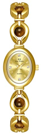 FANMIS Goldfarbene Uhren für Frauen mit kleinem Vintage-Armband, Elegante Jade-Armbanduhr, ovales Zifferblatt, modische Quarz-Armbanduhr, wasserdichte Uhr