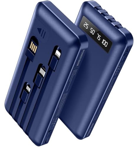 Powerbank 26800mAh mit 4 Integrierten Kabel, 22.5W Power Bank USB C Schnellladefunktion mit LED Display & Halterung, Externe Handyakkus für iPhone 17/16/15/14/13/12/11 iPad Samsung Galaxy,Blau
