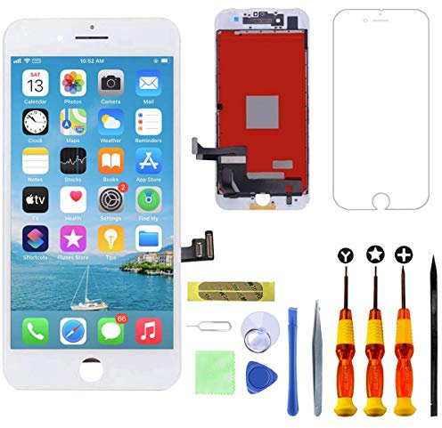 GULEEK Ecran pour iPhone 7 Plus Blanc LCD Tactile Écran Remplacement Vitre Rechange Afficheur Retina Complet Joint Assemblé Réparation Outils Kit,Protege Glace avec Modèle A1661 A1784 A1785