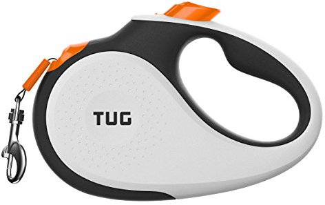 TUG 360° Tangle-Free Retractable Dog Lead for Up to 50 kg Dogs | 5 m Strong Nylon Tape | One-Handed Brake, Pause, Lock (Large, White/Orange)
