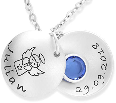 Taufkette Silber mit Gravur Medaillon Geburtsstein mit Gravur Taufmedaillon Taufschale Silberkette zur Taufe Taufgeschenk für Patenkind Engel Schutzengel | HANDMADE IN GERMANY