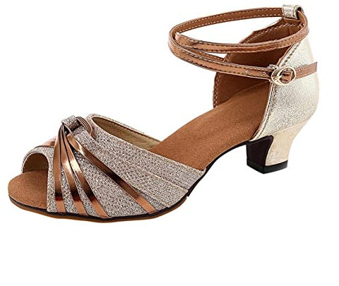 Damen Standard Latein Tanzschuhe Ballsaal Tango Salsa Schuhe Knöchelriemen Mittelhohe Weicher Boden Party Hochzeit, Klassische Pumps Elegante Brautschuhe Celucke (Gold, EU39)