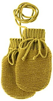 Disana STRICK-HANDSCHUHE, 100% Bio-Merinowolle GOTS, IVN Best | mit gestrickter Kordel | Newborn Neugeborene Baby Unisex | Baby Erstausstattung | Made in Germany | Curry-Gold