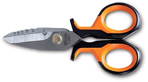 BETA 1128BSX, Ciseaux Electriciens Professionnels avec Coupe Graduée en Acier Inoxydable, Poignée Bimatière et Goupille Anti-Desserrage, Etui Inclus