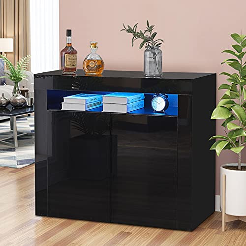 CLIPOP Moderne LED Sideboard Hochglanz Schwarz Schrank mit Fernbedienung LED Leuchten 2 Türen Schrank für Wohnzimmer Esszimmer
