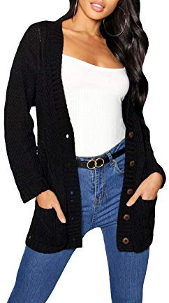 Mix Brand Elegant Womens Chunky Cable Knit Cardigan Daisy Button Everyday Aran Long Sleeves Grandad Plus Sizes UK (Black, LXL (16-18))