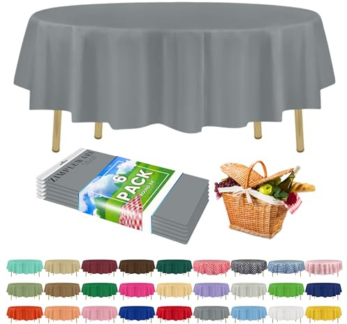 ZIMPLEWARE Premium Silver Plastic Table Cloth Disposable (6 Pack) Round Tablecloth (84in) Party Table Cloths Disposable, Perfect Table Cloth Round Cover for Any Table Up to 6 Feet