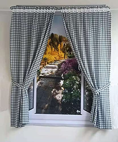 Yaland Vorhänge mit Karo-Muster Landhausstil Gardinen Karo-größe 1x1cm Wohnzimmer Gardinenschals mit Raffhalter (HxB 120x80cm, blau) 2 Stück