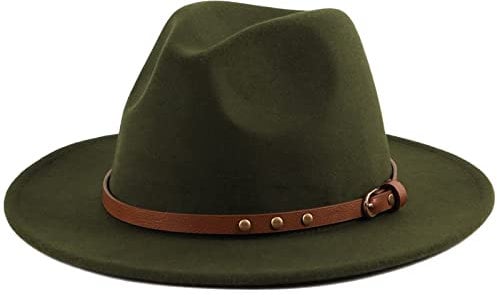 Koreshion Klassischer Fedora-Hut mit breiter Krempe, mit Gürtelschnalle, aus Wolle, armee-grün, Einheitsgröße