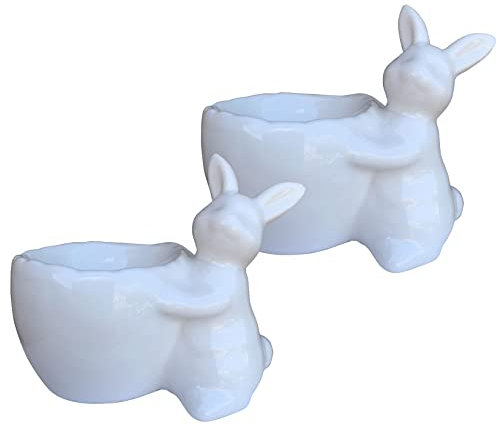 KiaoTime Rabbit Egg Cup for Soft or Hard Boiled Egg Porcelain Ceramic Egg Cup Egg Holder - Set of 2 Easter Bunny Egg Cup for Easter Spring Decoration Dinner Dinning Room Table Centerpiece Décor