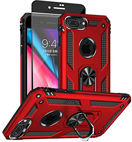 Aozuoton for iphone 8 Plus Case, iphone 7 Plus Phone Case with HD Screen Protector, [Military Grade 16ft. Drop Tested] Ring Shockproof Protective Phone Case for iphone 8/7 Plus Red
