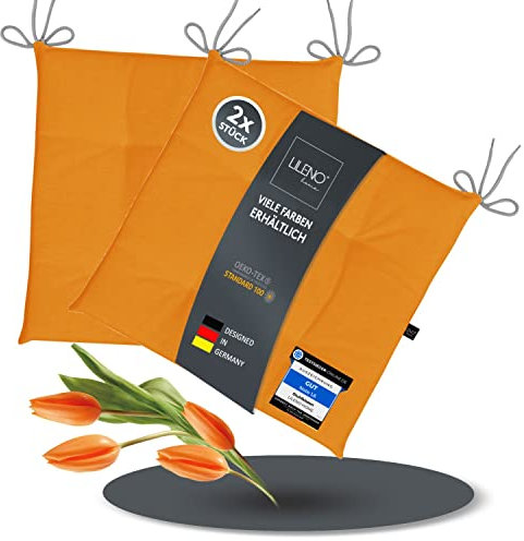 LILENO HOME 2er Set Stuhlkissen Helles Orange (40x40x4,5 cm) - Sitzkissen für Gartenstuhl, Küche oder Esszimmerstuhl - UV-beständige Indoor u. Outdoor Stuhlauflage als Stuhl Kissen (Laura FUM)