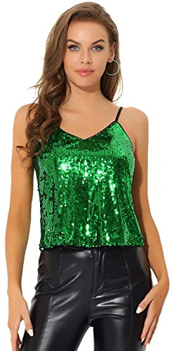 Allegra K Damen Festliches Oberteil Glitzer Top Spaghetti Party Club Camisole Pailletten Shirt Schwarz Grün M