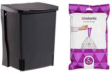 Brabantia 395246 Built-in Bin, 10 L - Black & PerfectFit Bin Liners (Size C/10-12 Litre) Thick Plastic Trash Bags with Tie Tape Drawstring Handles (40 Bags)