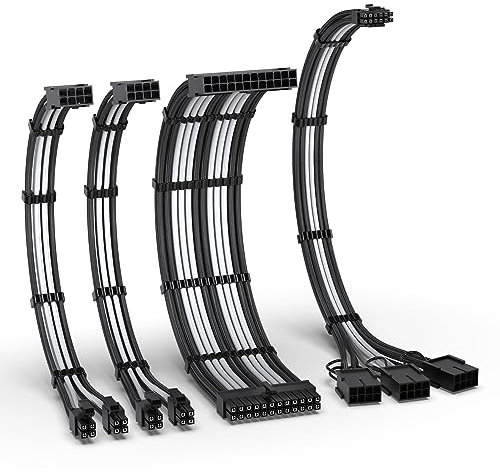EZDIY-FAB PCIE 5.0 12VHPWR Sleeved Cable Kit, 16AWG Power Supply Cable Extension, PC PSU Sleeved Cable, 24PIN-ATX/(4+4) PIN-EPS/(12+4) PIN to 3x 8 PIN PCIE- RTX4080/4070Ti Extension Cable- Black/White