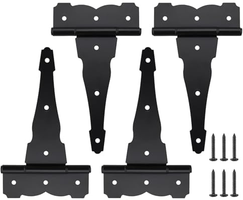 HOME MASTER HARDWARE Robustes, dekoratives T-Riemen-Scharnier, rostfreies Eisen, schwarz, T-Scharniere für Schuppen, Tore, Scheunen mit Schrauben, 20,3 cm, 4 Stück