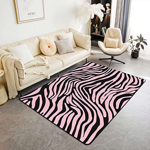 Loussiesd Tapis de couloir antidérapant à rayures zébrées pour salon, chambre à coucher, animaux sauvages, rose, noir, motif géométrique, 100 x 150 cm