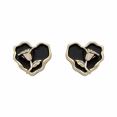 Fluidable Rose Stud Earrings, 18K Gold Plated Black Enamel Love Heart Stud Earrings For Women And Ladies, Rose Pattern Vintage Large Stud Earrings, Gift For Anniversary (Gold)