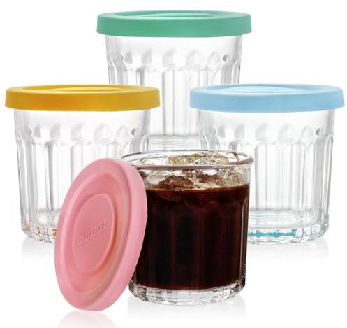 Coloch 4 Pack 13Oz Glass Jar with Leakage Proof Lid, 400ml Clear Storage Jar for Spices, Tea Leaf, Nuts, Overnight Oat Cup All-purpose Glass Drinking Cup for Cooled Tea, Juice, Coffee, Yogurt