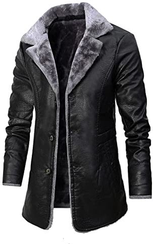 Darringls Herren Pelzmantel Vintage Ledermantel Winter Pu Mantel mit Pelzkragen Herren Schwarz Lange Kunstlederjacke Winter Warmer Mantel Parka Bomber Lederjacke