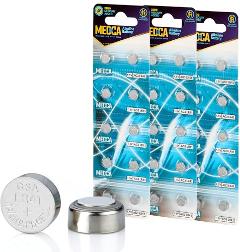 MEDca Pilas alcalinas de 1,5 V – LR41, 192, 92A, LR736 y AG3 – Pilas de botón para audífonos, amplificadores, relojes, juguetes, mandos a distancia, calculadoras, láser, potencia de larga duración,