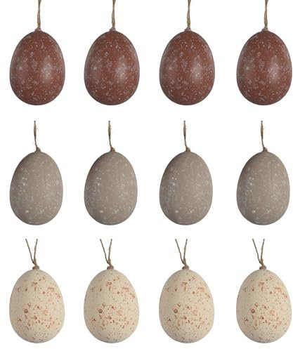 Ostereier zum Aufhängen 6cm 12 Stück - Plastikeier mit Aufhänger - Kunststoff Deko Eier für Ostern Frühling - Kunststoffeier als Osterdeko Hängedeko Frühlingsdeko bruchfest - Beige Braun