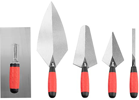 Hardys 5 Piece Builder Professional Trowel Set Kit - Brick Jointer, Pointing Trowel, Gauging Trowel, Brick Trowel, Plastering Trowel - Tradesman DIY Tools with Soft Grip Handles