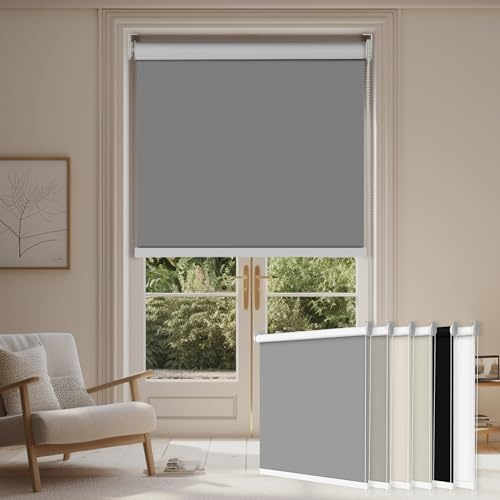 PQRSHADE 100% Blackout Roller Blinds For Indoor Windows,Custom Room Darkening Roller Window Shades Pull Down Thermal Insulated Fabrics Blinds & Shades For Home Bedroom Easy Install (54W x 48H) Grey