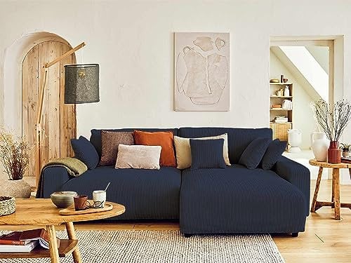 Lisa Design Pivoine – Ecksofa beidseitig montierbar– 4-Sitzer– Schlaffunktion mit Bettkasten – aus Cord Nachtblau