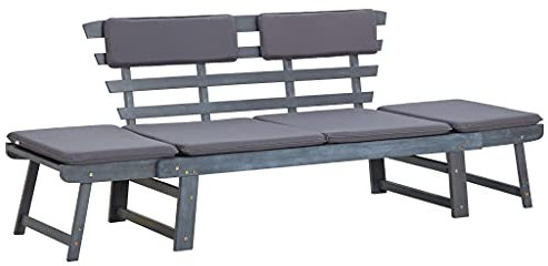 Hommdiy Akazienholz Massiv Gartenbank mit Auflagen 2-in-1 Sonnenliege Gartenliege Liege Sitzbank Parkbank Holzbank Bank Gartenmöbel 190cm Grau