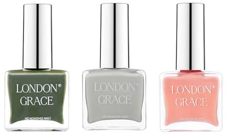 London Grace Nail Polish Set | Olive, Fynn & Heidi 12ml | Green, Dove Grey & Peach Long Lasting Vegan Eco-conscious Varnish | Quick Dry, Chip-Resistant, & No Nasties Formula