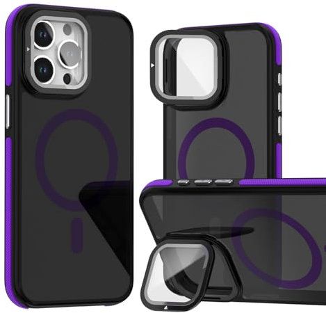 CasurvivePro Coque magnétique pour iPhone 11, chargement sans fil, résistante aux rayures, translucide, côté en polycarbonate rigide mat, support caché et cache d'objectif - Noir + violet