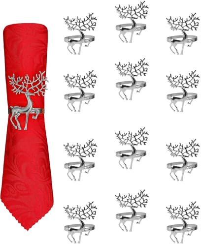 12 Stück Serviettenringe Silber, 6CM Hirsch Tischdeko Weihnachten Serviettenhalter Rentier Serviettenschnalle für Mittagessen Party Urlaub Hochzeit Tischdekoration