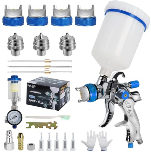 Potufa Pistola Pintura HVLP con Compresor, 4 Boquillas (1.4/1.7/2.0/2.5 mm), Pistola Pulverizadora Profesional por Gravedad con Vaso de 600 ml - para Coche, Madera, Paredes - Azul