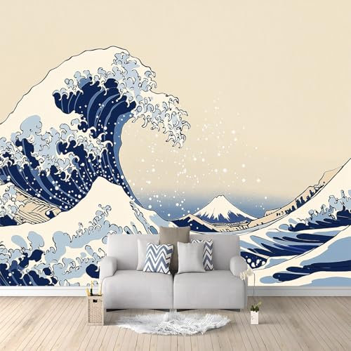 Papier Peint intissé Ukiyo-E Japonais Vagues 350x256 cm Papier Peint Photo Panoramique, Poster Geant Mural Personnalisé 3D, pour Salon Cuisines Chambre Adulte Enfant Décor Murale