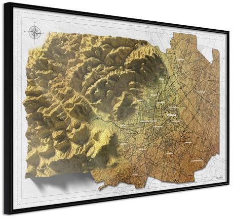 KunstLoft Poster 'Raised Relief Map: Vienna' 60x40cm | Schwarzer Bilderrahmen | Full-HD-Druck auf hochwertigem Papier