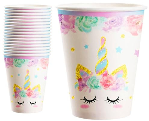 POPOYU 16 Pièces Violette Gobelets Tasse en Papier, Vaisselle Anniversaire à Thème Licorne pour Filles, 9oz/250ml Gobelets Idéal Princesses pour Fêtes d'Enfants,Table Décoration Joyeuse - 16 Invités