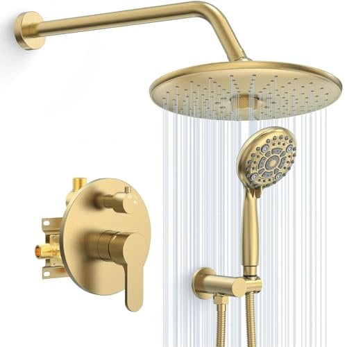 SWHC Duschsystem Gold, Unterputz Duscharmatur Set Multifunktional Duscharmatur Komplettset Wandmontage Dusche Regendusche Set Messing Duschgarnitur mit Regendusche 3 Modi, 6 Modi Handbrause